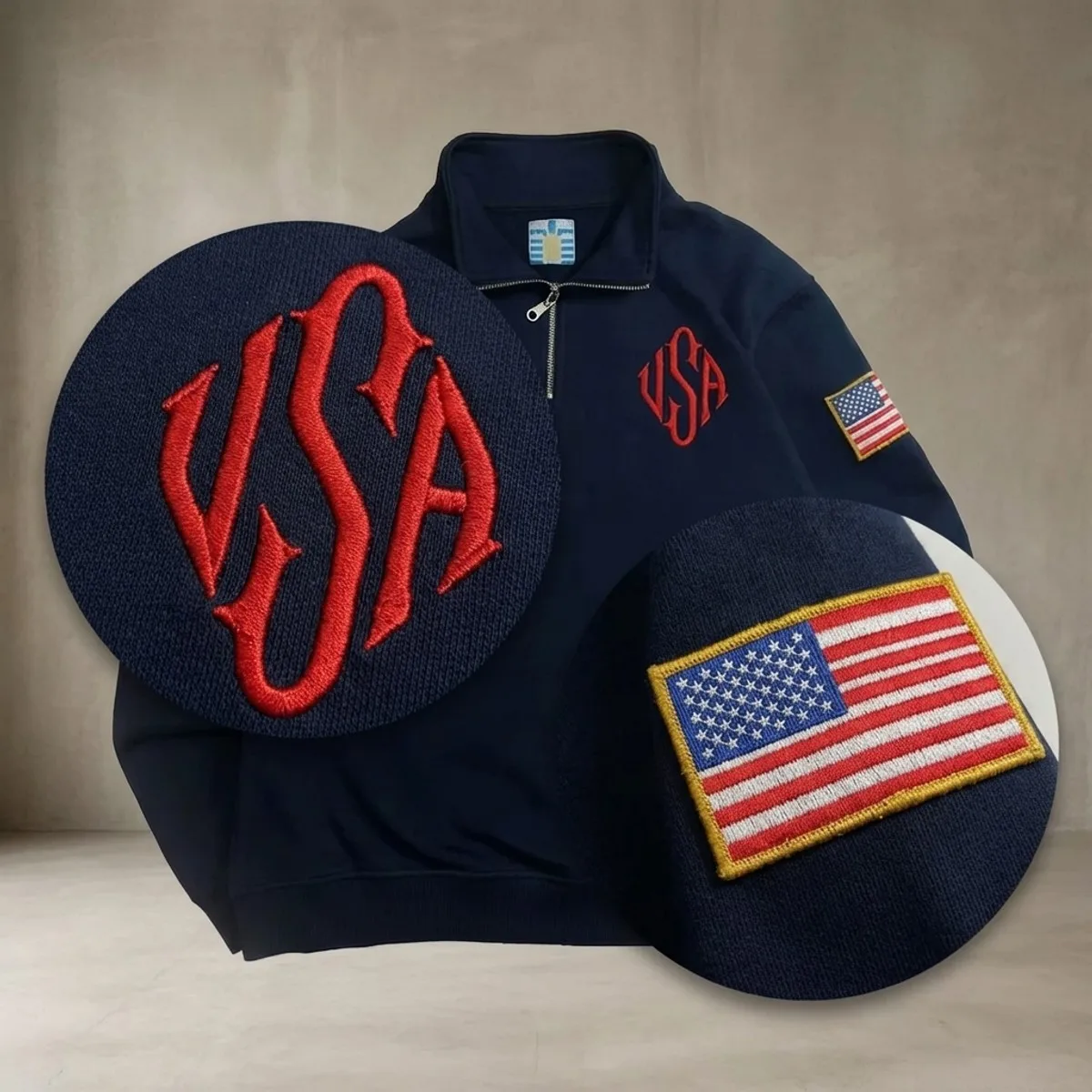 Y2K American Flag Embroider Hoodies Quarter Zip Sweatshirts Men Navy Blue White Pullover Patch Sleeve Streetwear Casual Sweater