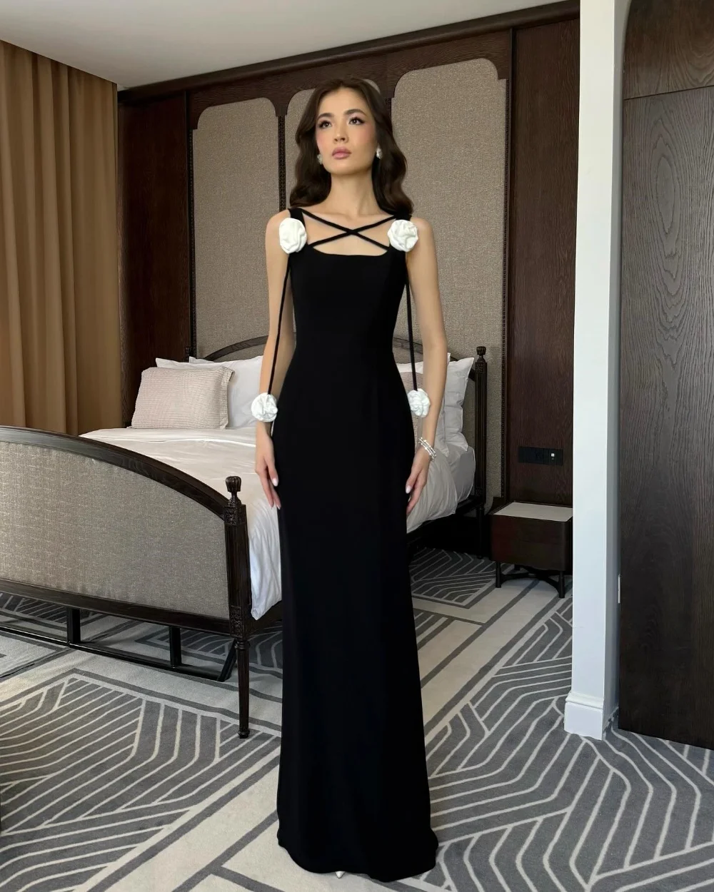 

Customized Sizes Available Matching Jersey Flower Straight Square Neck Long Dresses Bespoke Occasion Dresses Exquisite Fashion