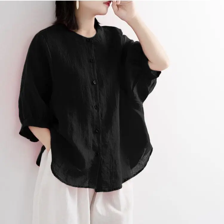 Women's Summer Fashion Simplicity Solid Color Polo Collar Lantern Sleeve Shirts Women Clothes Casual Loose All-match Tops