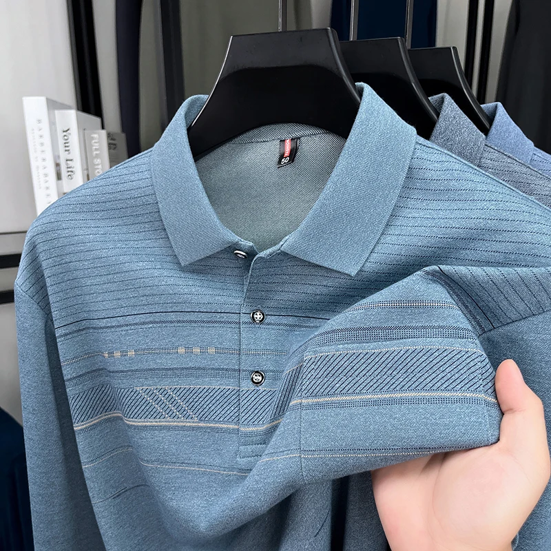 

High quality striped printed long sleeve polo shirt men's fashion light luxury pocket autumn new business casual lapel T-shirt