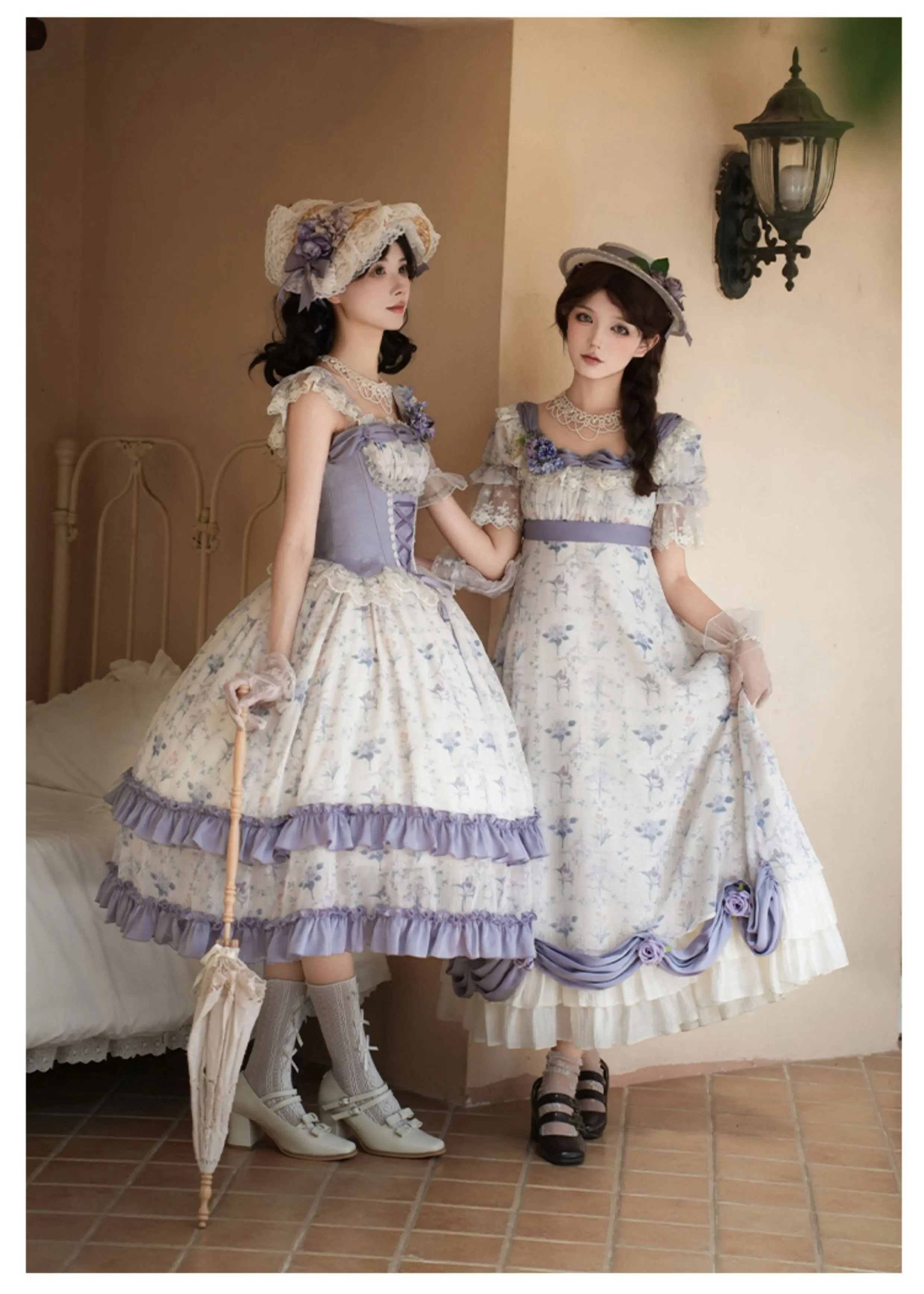 Robe de princesse Lolita en dentelle violette, élégante, Vintage, col carré, à volants, douce, taille haute, ligne a, imprimé féerique, été