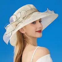 Solid Color Flowers Women Derby Hat Wide Brim UV Protection Summer Ruffles Sun Hat Organza Foldable Bridal Tea Party Wedding Hat