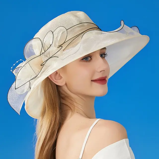 Solid Color Flowers Women Derby Hat Wide Brim UV Protection Summer Ruffles Sun Hat Organza Foldable Bridal Tea Party Wedding Hat