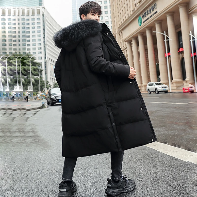 Down Jacket Men's Long Knee Length Thick Warm Duck Down Loose Size Long Puffer Jacket For Men With Real Fur Collar Down Coat Man