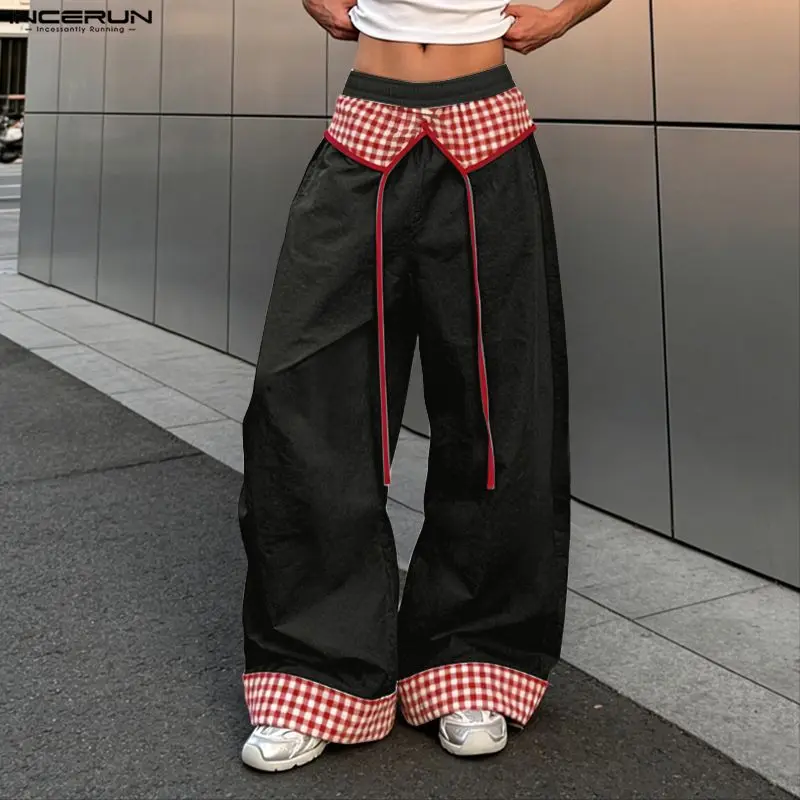 INCERUN Men Pants Plaid Patchwork Elastic Waist Joggers Wide Leg Pants For Man Streetwear Loose 2026 Casual Pantalones Trousers