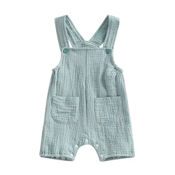 Summer Solid Baby Boys Girls Rompers Overall Jumpsuit Cotton Linen Fabric Sleeveless Strap Newborn Infant Romper Clothes