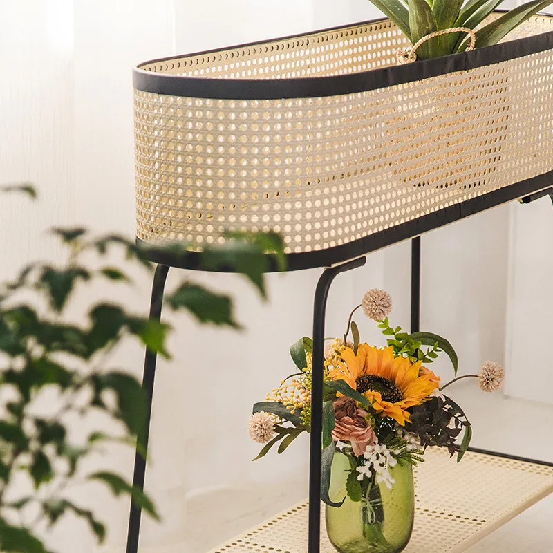 Tall Plant Stand Indoor OutdoorRattan Wrought Iron Flower Pot Holder Succulents Planters, Living Room Balcony Decor