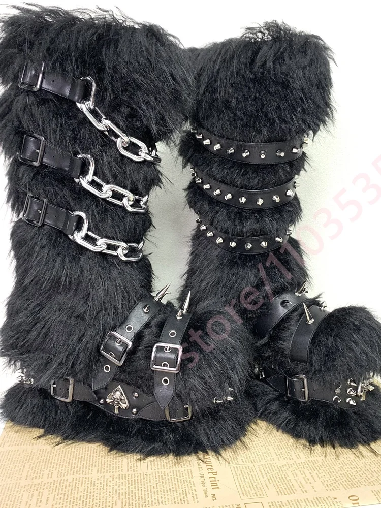 2026 Winter Knee High Snow Boots Rivet Straps Chain Spider Long Boots Street Gothic Punk Halloween Cosplay Warm Platform Boots