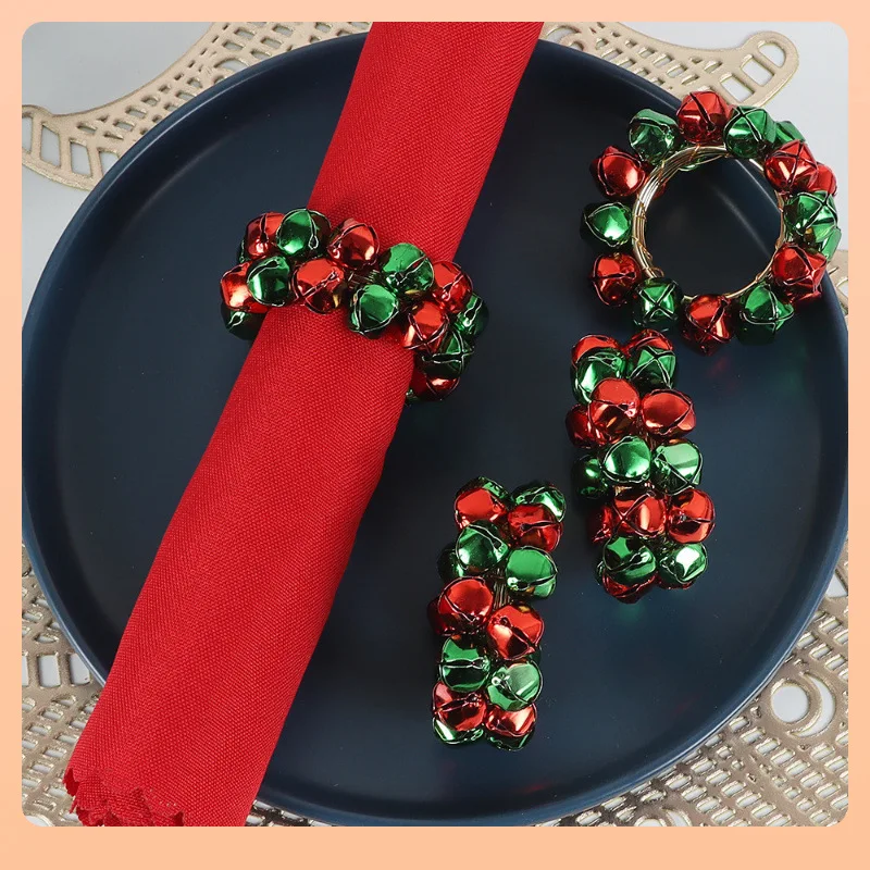 6pcs Christmas Metal Napkin Rings Red Green Jingle Bells Napkin Holder Buckle for Kitchen Party Wedding Decoration Supplies