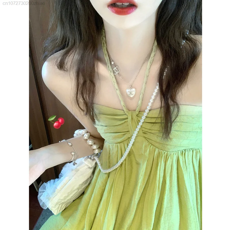 

Summer Beach Holiday Women Dress French Fairy Slim Fit Strap Dress Korean Style Casual Daily Sleeveless Long Solid Dress 2023