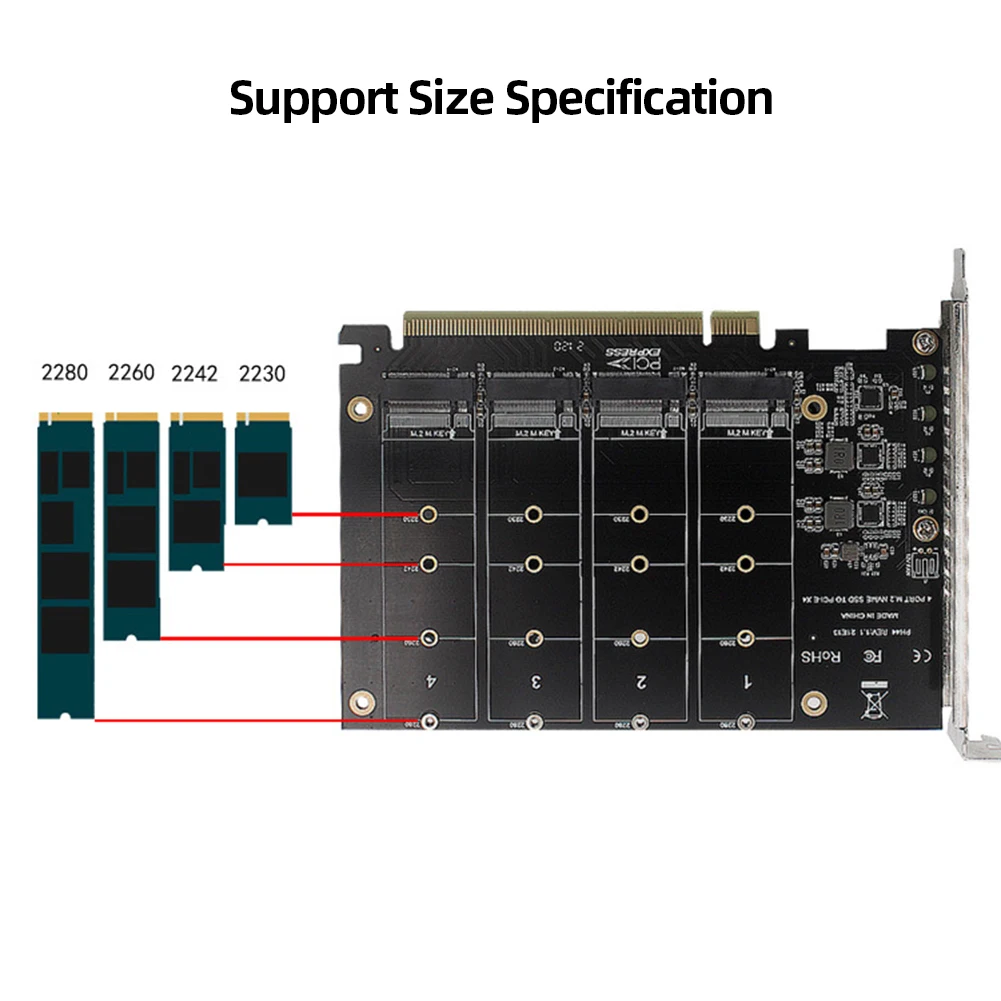 4 Disk Motherboard PCIE Splitter Card with Heat Sink PCIEX16 NVME M.2 MKEY SSD RAID Array Expansion 4 X 32Gbps