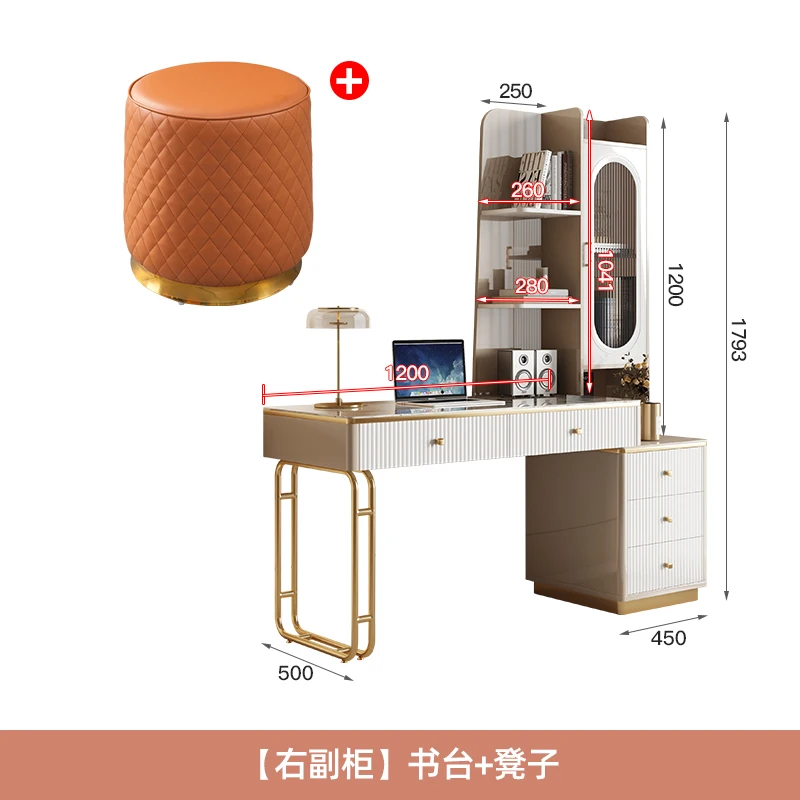 Modern simple cream style integrated retractable home study rock slab desk bookshelf
