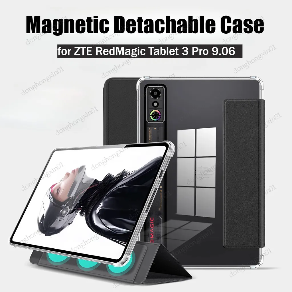 for ZTE RedMagic Tablet 3 Pro REDMAGIC Astra 9.06 inch PU Leather Magnetic Flip Case AirBag Detachable Clear Back Shell