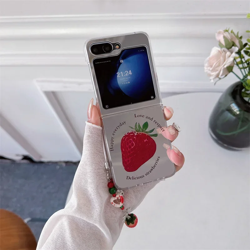 Зеркальный чехол с клубничным покрытием для телефона Samsung Galaxy Z Flip 6 5 4 3, защитный чехол-накладка для ZFlip4 ZFlip5 ZFlip6, чехол
