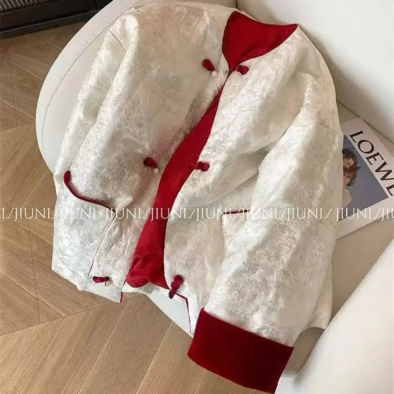 Limiguyue New Chinese Style Jacquard Cotton Jacket Contrasting Red Loose Cotton Coat Women High-end Warm Outerwears Winter F740