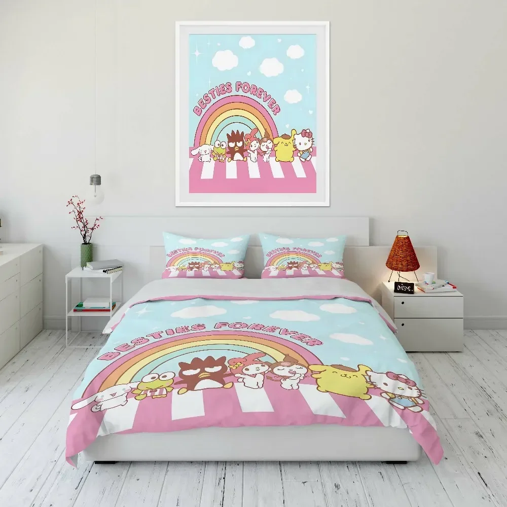 Imagem -05 - Sanrio All Character Duvet Cover Conjunto para Meninas Cama Gêmeo Rainha Rei Conjuntos de Cama dos Desenhos Animados Capa Macia Fronhas Pcs