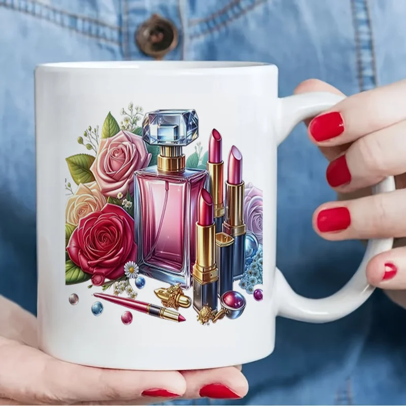 Perfume Lipstick Rose Floral Colorful Print Ceramic Coffee Mug 11oz 350ml Personalized Custom Cute Aesthetic Mug Microwave Safe