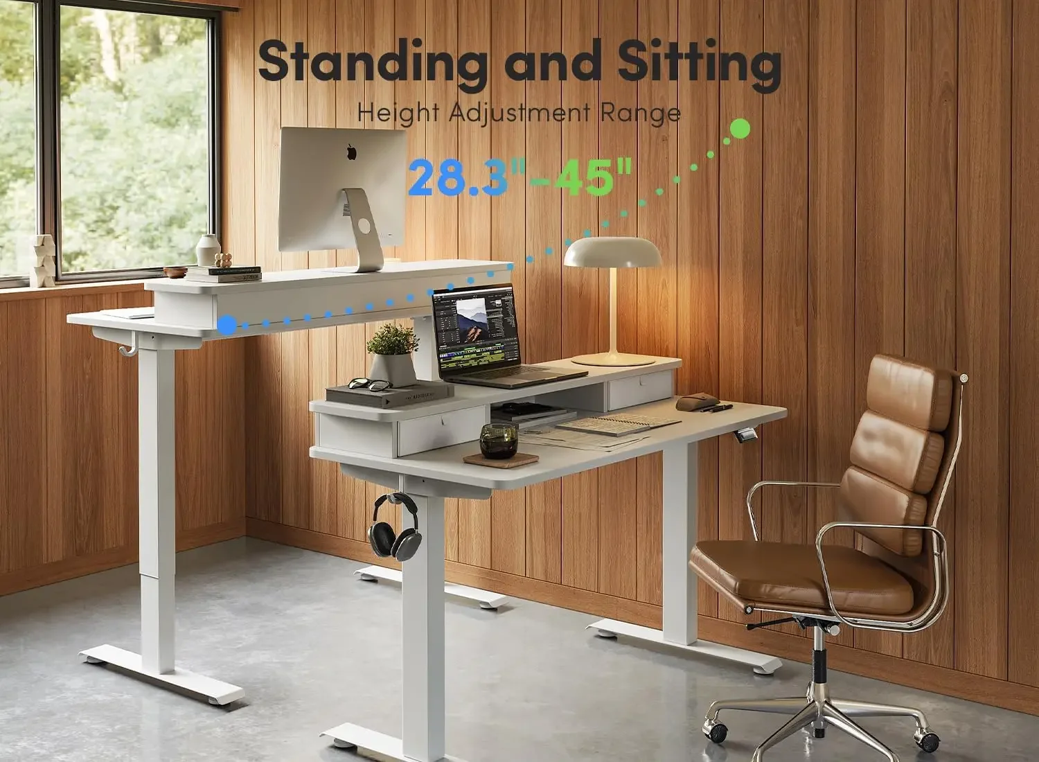 55 X 24 Inch Height Adjustable Electric Standing Desk with Double Drawer, Stand Up Desk W/ Storage Shelf, Sit Stand Desk, White