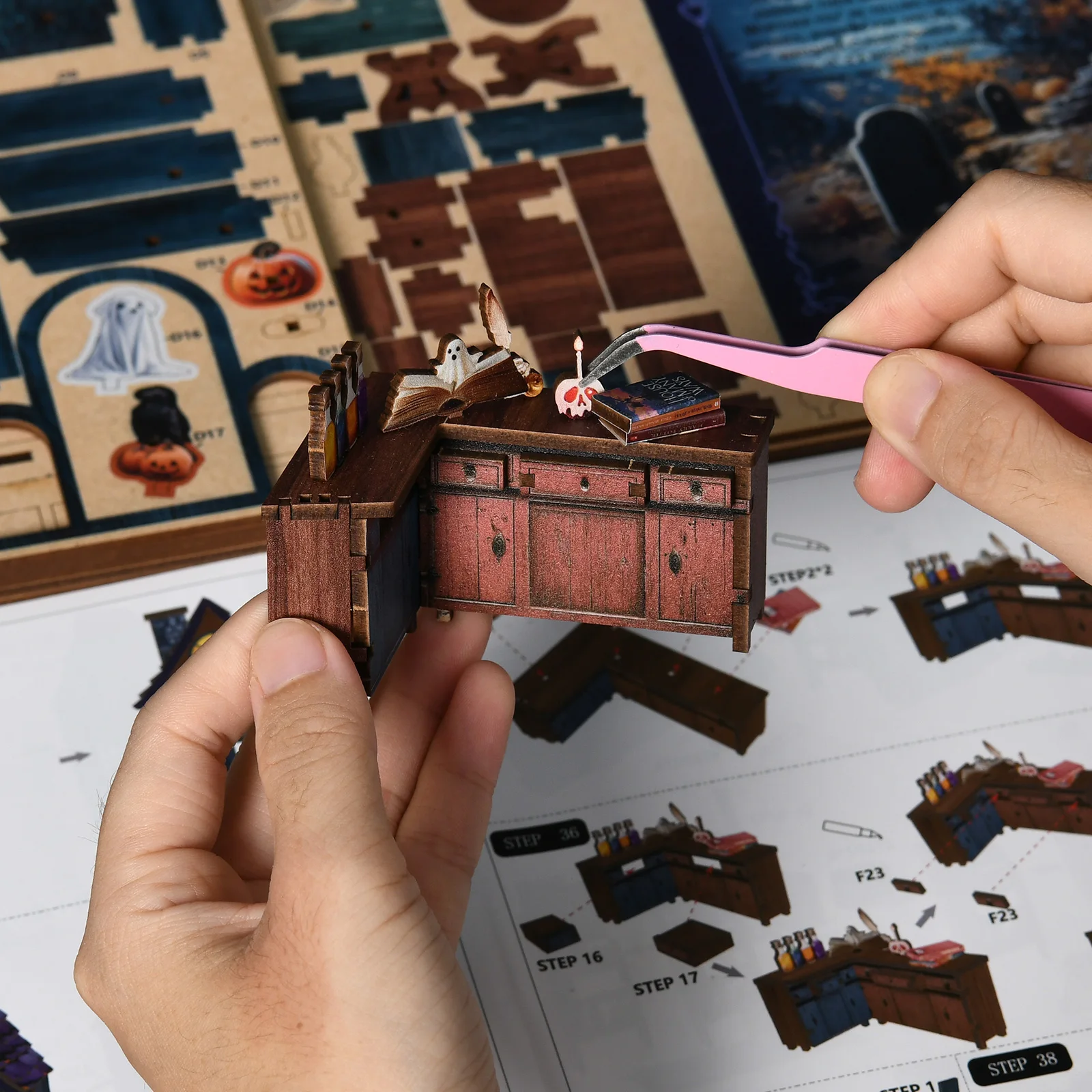 3d diy castelo de halloween maravilhoso noite casa de boneca caixa de madeira móveis em miniatura lanterna led livro artesanal modelo montagem brinquedos