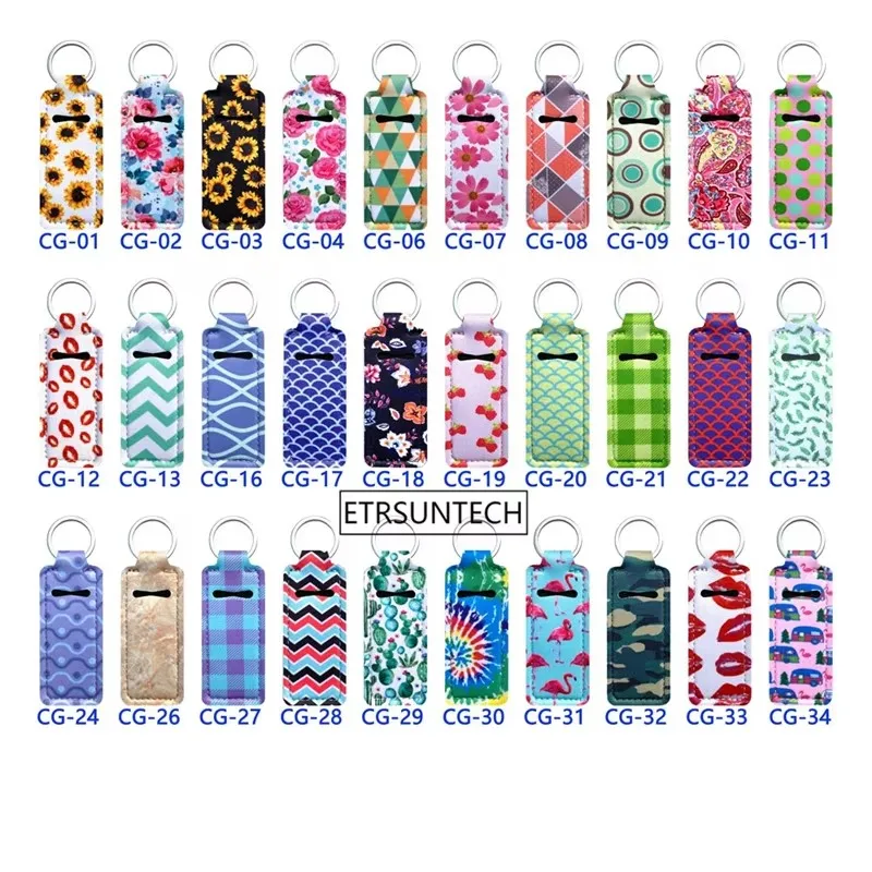 500Pcs/Lot Many Style Neoprene Lipstick Holder Keychain Lip Case Storage Bag Chapstick Key Chain Holder Party Christmas Gift