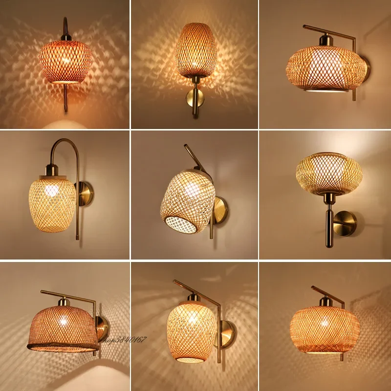 New Chinese Style Wall Lights Vintage Bamboo Lampshade Living Room Background Wall Lamp Decor Bedroom Sconce Lighting Fixtures