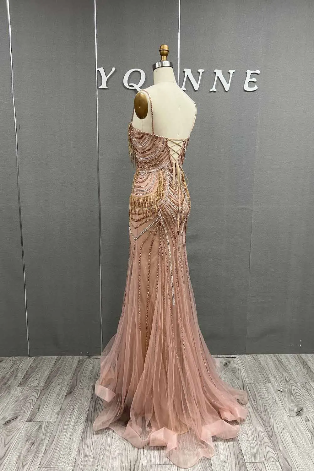 YQLNNE Luxury Rose Gold Rhinestones Long Prom Dresses Spaghetti Pendants Beaded Mermaid Eventing Gown Lace-up