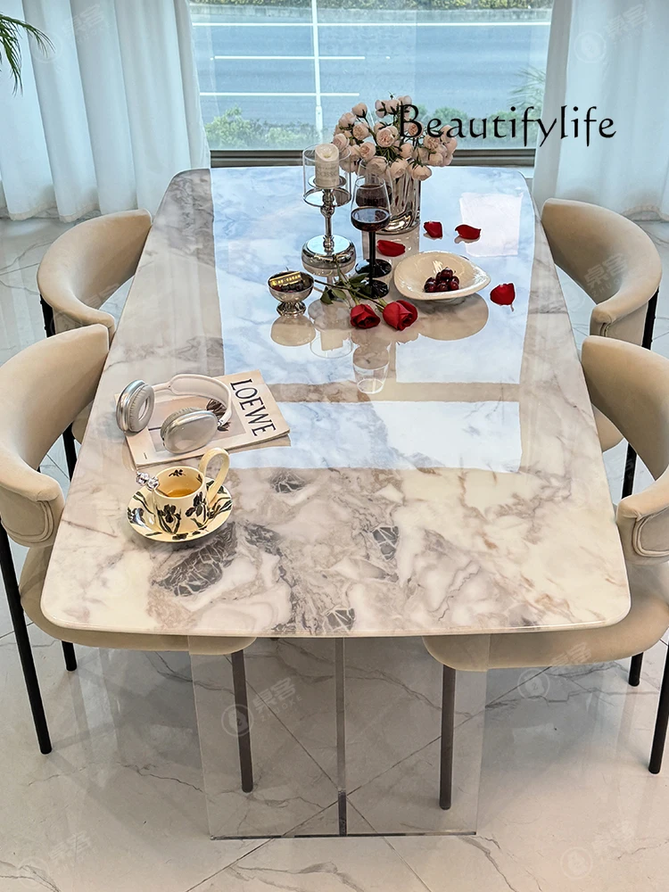 

Acrylic suspended marble dining table and chairs high-end natural microcrystalline stone rectangular luxury stone table