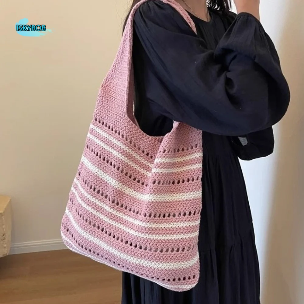 

Bohemian Knitted Tote Bag Striped Pattern Crochet Design Woven Shoulder Bag Eco-Friendly Large Capacity Hollow Out Beach Bag