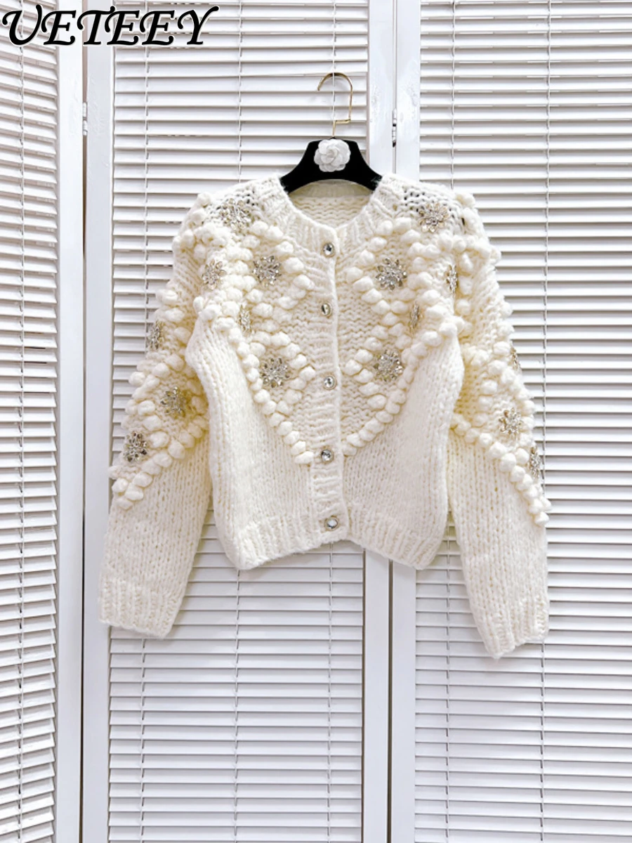 

Heavy Industry Manual Crochet Sequins Flower Knitted Sweater Jacket Women White Cardigan Coat Sweaters Autumn and Winter Clothes