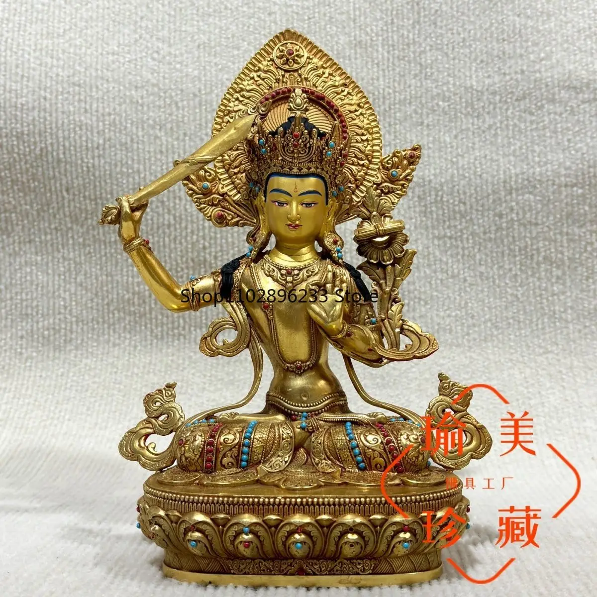 Manjushri Buddha Statue Seiko 7 Inch Backlit with Gemstones 26cm High Tibetan Tantra Bronze Statue Household Buddha Furniture