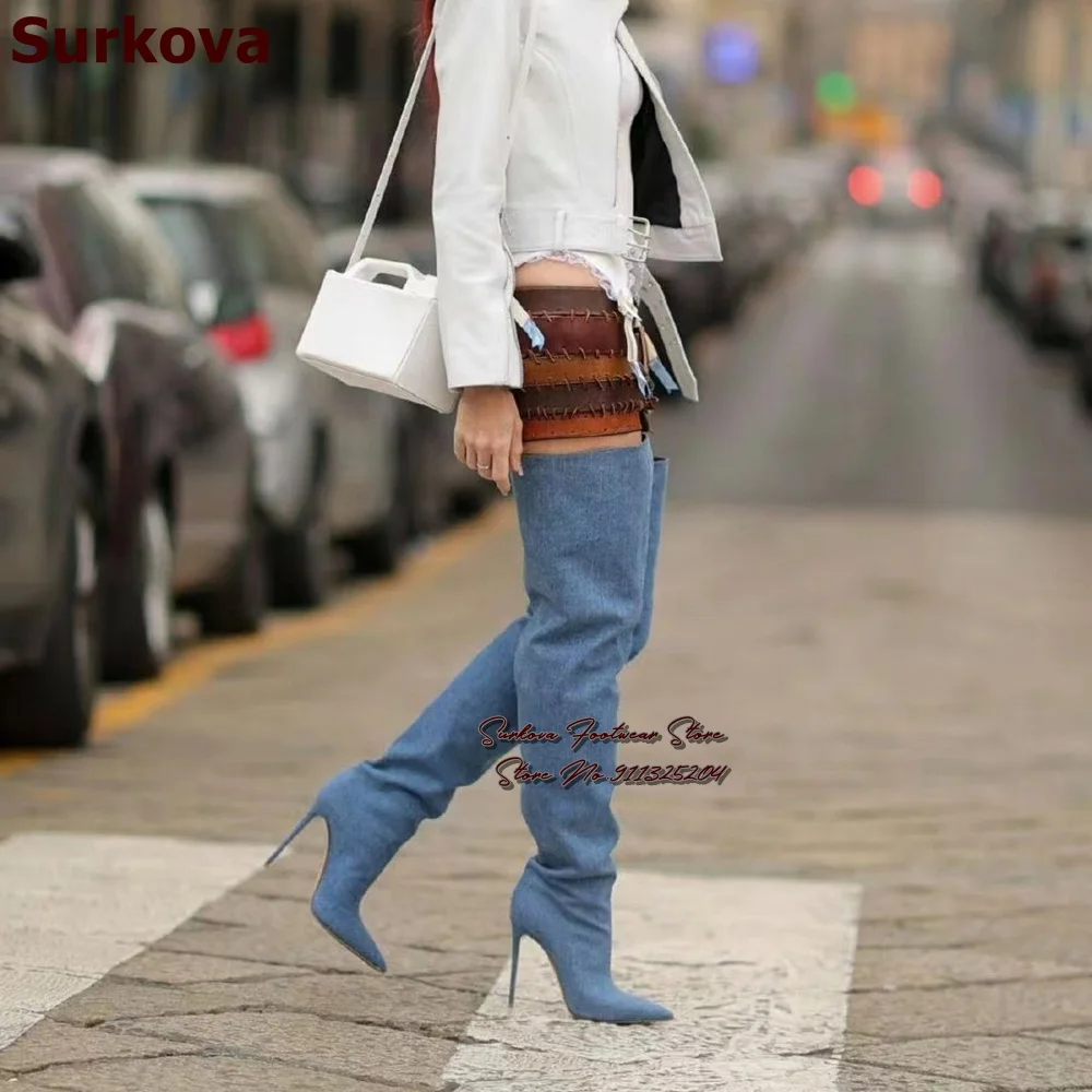 Surkova Blue Denim Stiletto Heels Slouchy Long Boots Over The Knee Ponited Toe Dress Shoes Fall Winter Jeans Outdoor Thigh Boots