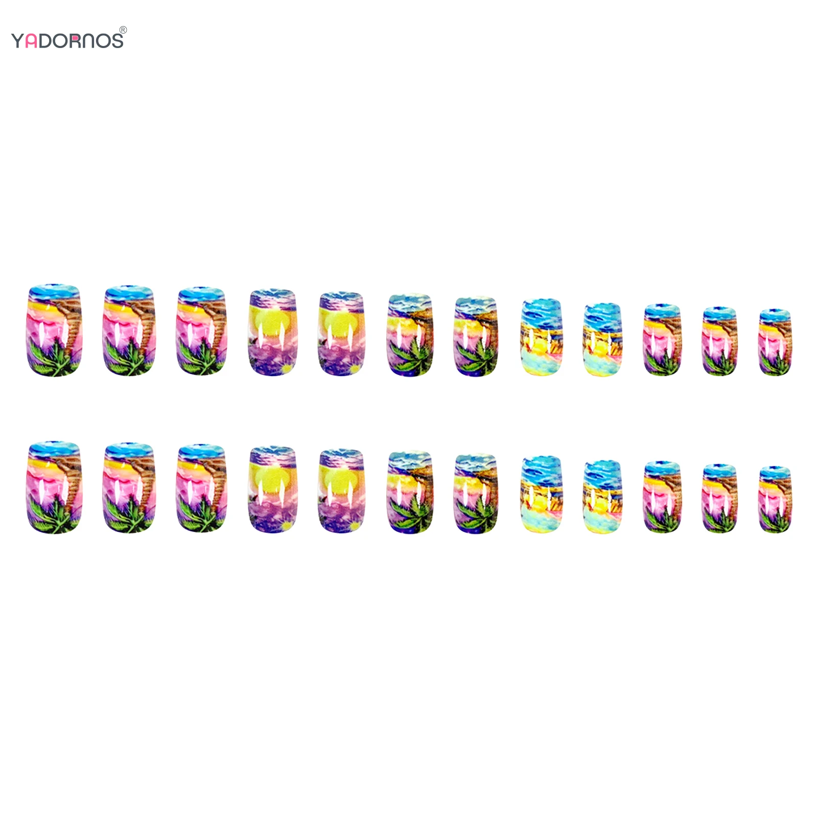 เล็บปลอมสไตล์ชายหาดฤดูร้อน 24 ชิ้น ความยาวปานกลาง ทรงเหลี่ยม กดติดเล็บ พิมพ์ลายพระอาทิตย์ตกหลากสี ปิดเต็มเล็บอะคริลิค