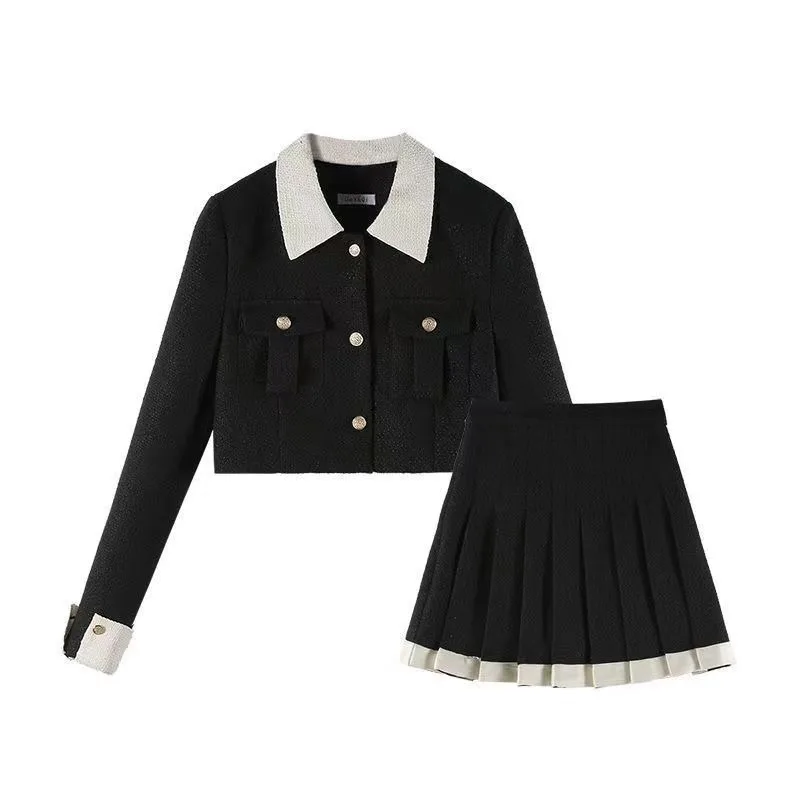 Temperament Fashion Polo Neck Coat Pleated Skirt Two Piece Set Women Korean Single Breasted Slim Contrast Color French Lady Suit