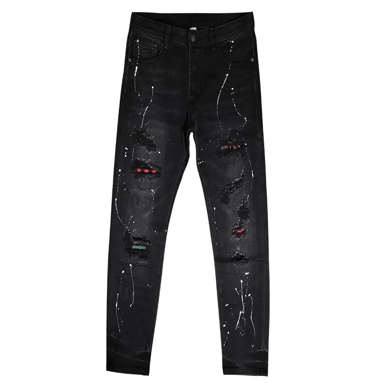 Fashion Streetwear Men Jeans Black Color Stretch Elastic Slim Fit Patched Ripped Jeans Men Painted Designer Hip Hop Pants Hombre