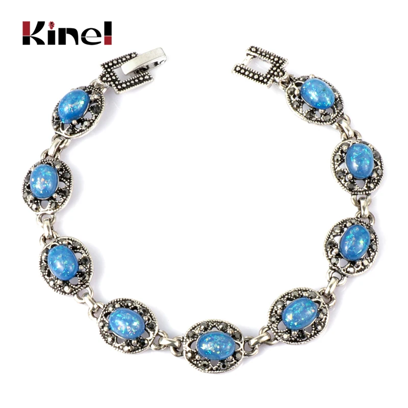 Kinel 2020 New Blue Opal Bracelet Vintage Jewelry Tibetan Silver Crystal Bracelets For Women Christmas Party Gift Drop Shipping