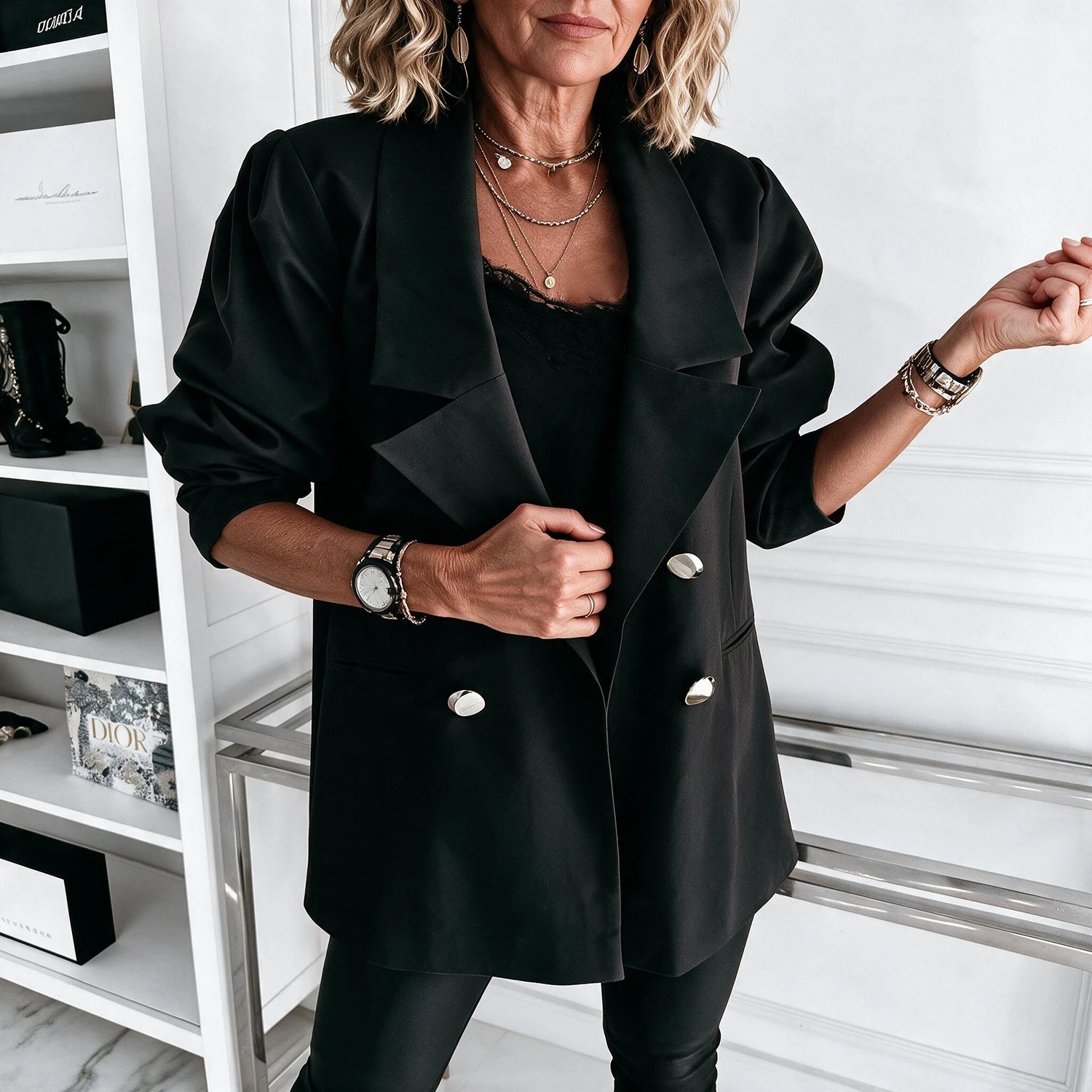Women Oversized Double Breasted Blazer, Notched Lapel Long Sleeve Mid Length Suit Jacket, Casual Office Outerwear