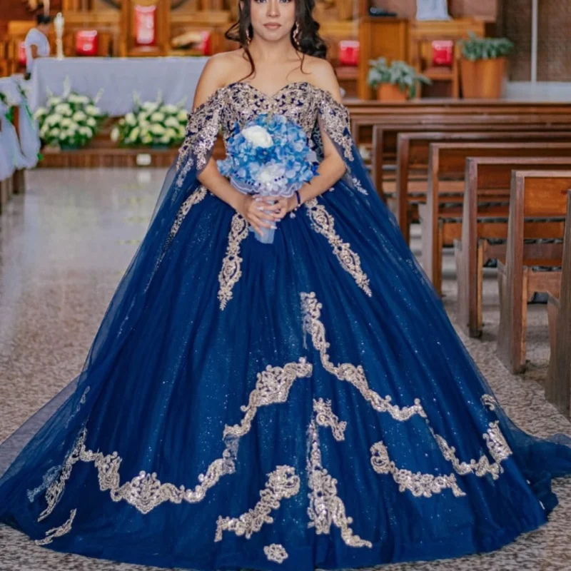 

Блестящее синее платье Quinceanera с открытыми плечами, тюлевая блестящая наклейка, кружевные платья de 15, Quinceanera ﻿ Индивидуальный