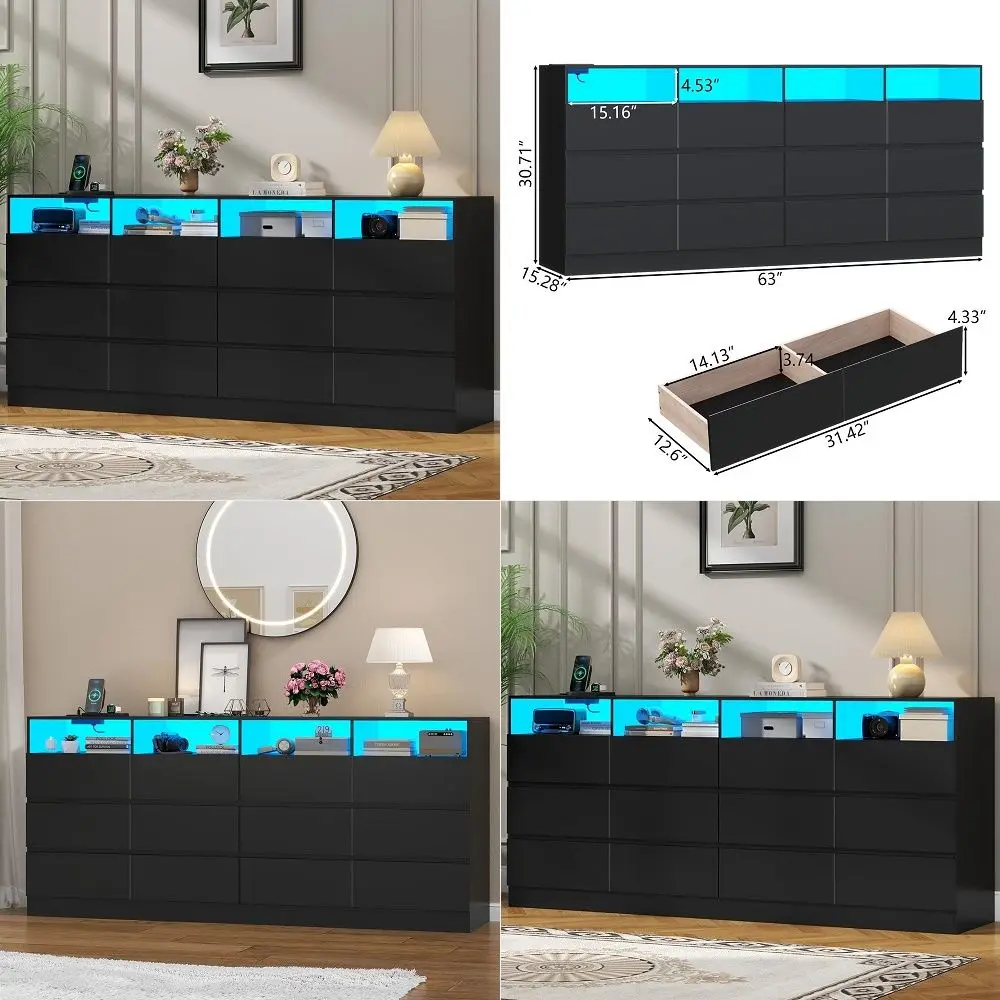 12Cell Divided Drawers Black Dresser with Charging Station amp Led Lights for Bedroom, Long 63 Wide Dresser TV Stand for TVs up