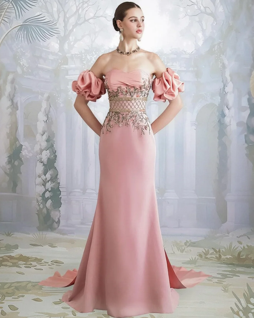 

Customized High Quality Elegant Jersey Handmade Flower Beading Straight Strapless Long Dresses Bespoke Occasion Dresses Formal