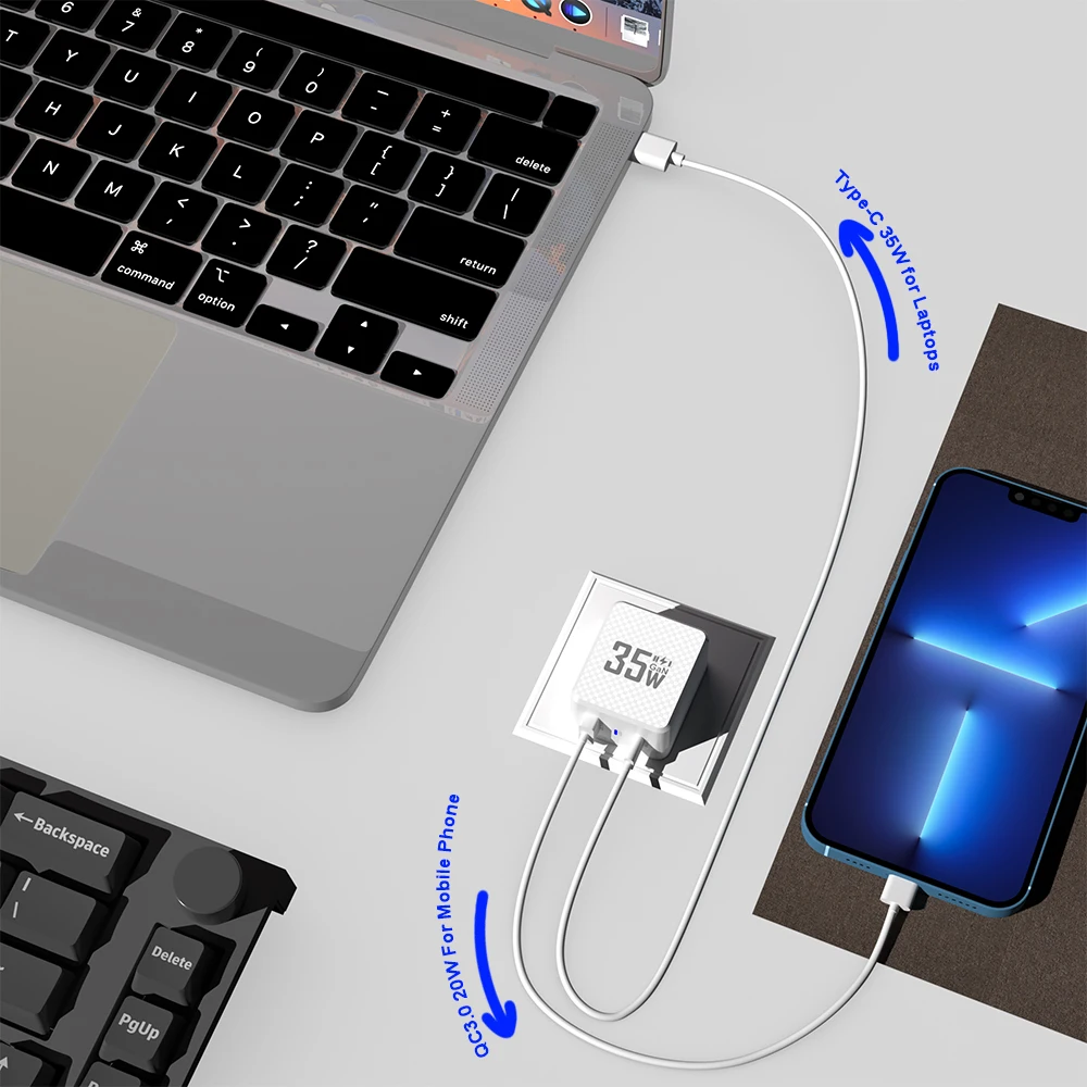 2 Ports Mini 35W GaN USB Type C Charger QC3.0 Portable Fast Charging For iPhone 14 Pro Xiaomi 13 Samsung KR/EU/US/UK Plug