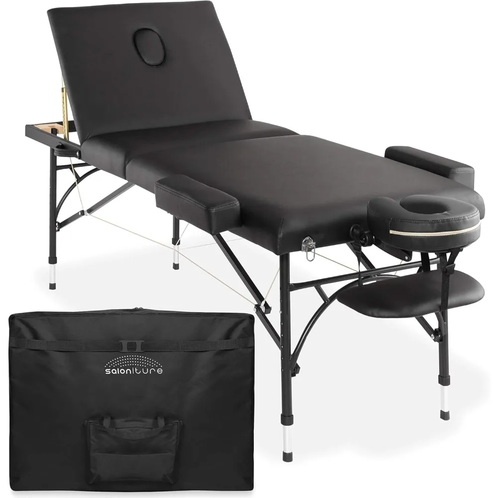 Mesa de massagem profissional tri-fold com pernas de alumínio portátil e leve, inclui encosto de cabeça e berço facial