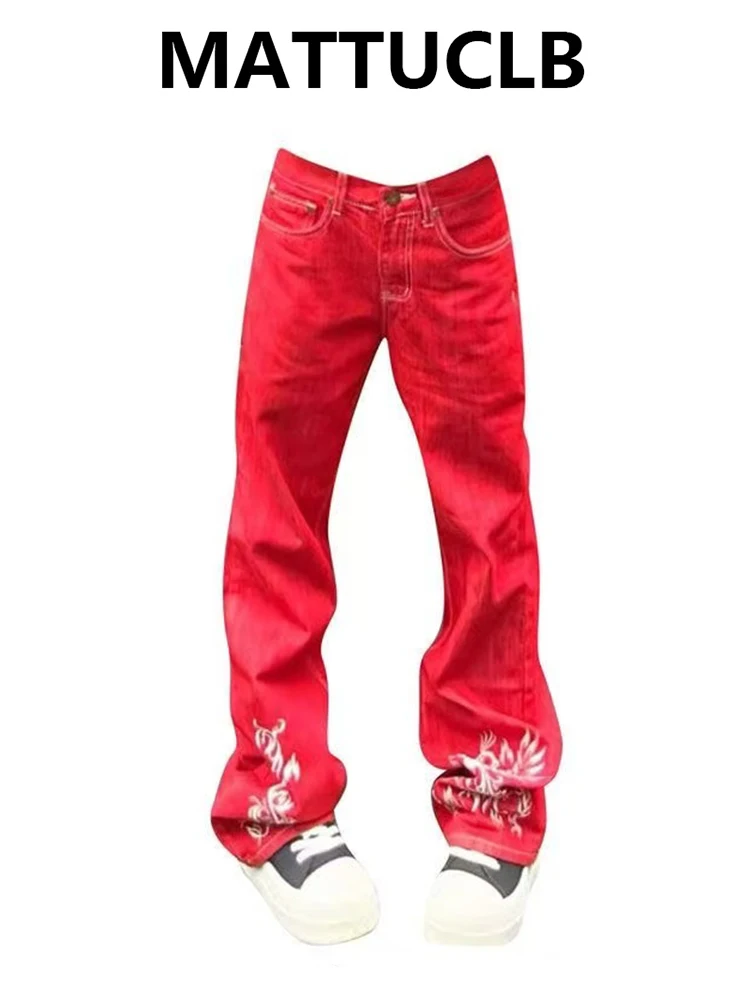 Women's Baggy Jean Hip-pop Tide Red Denim Pants Y2K Japanese Harajuku Punk Grunge Print Jean American Retro 2000s High Street