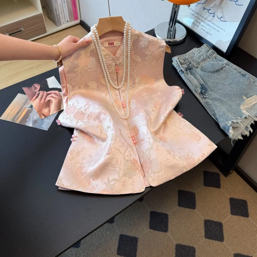 Handmade Chinese Style Reformed National Trend Satin Surface Embroidery Button Small Stand Collar High End Vest Top Coat