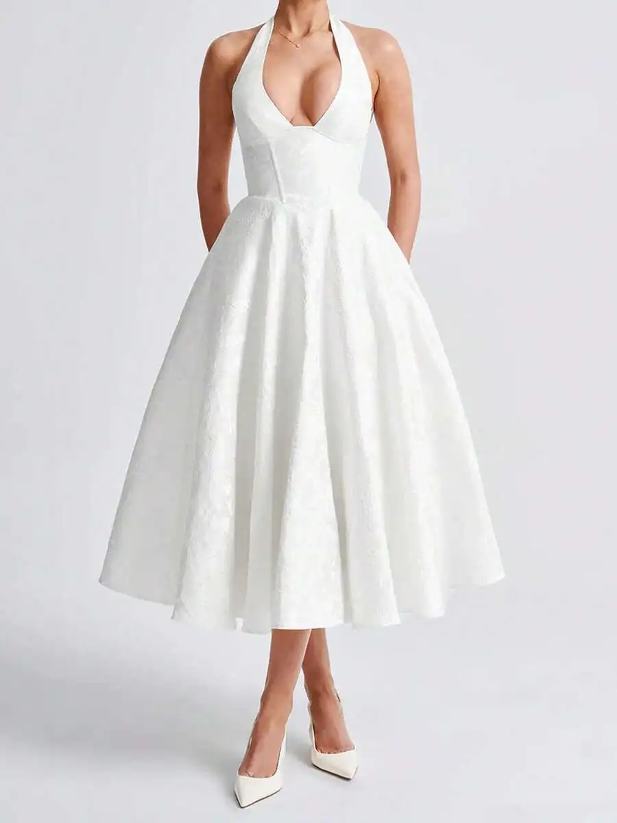 

Women Jacquard Halter Neck Sleeveless A-Line Knee Length Elegant Dress For Evening Party