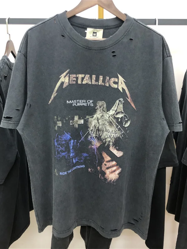 Retro Washed Vintage Loose Short Sleeve T-Shirt Unisex Trendy Rock Band Water Washed Clothing Cotton Polyester Blend round Neck