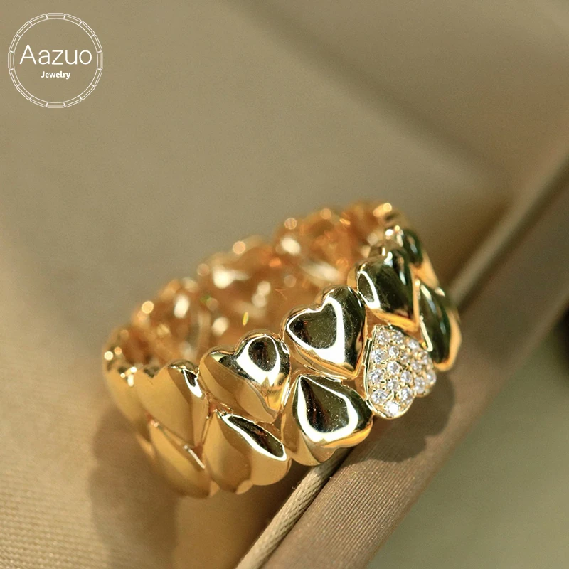 Aazuo Real Vintage Jewelry 18K Solid Yellow Gold  Natrual Diamonds Heart Line Rings Gift For Woman&Girls Birthday Party Au750