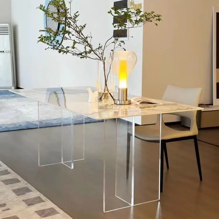 Acrylic minimalist rock slab dining table Small apartment rectangular household modern minimalist table cream