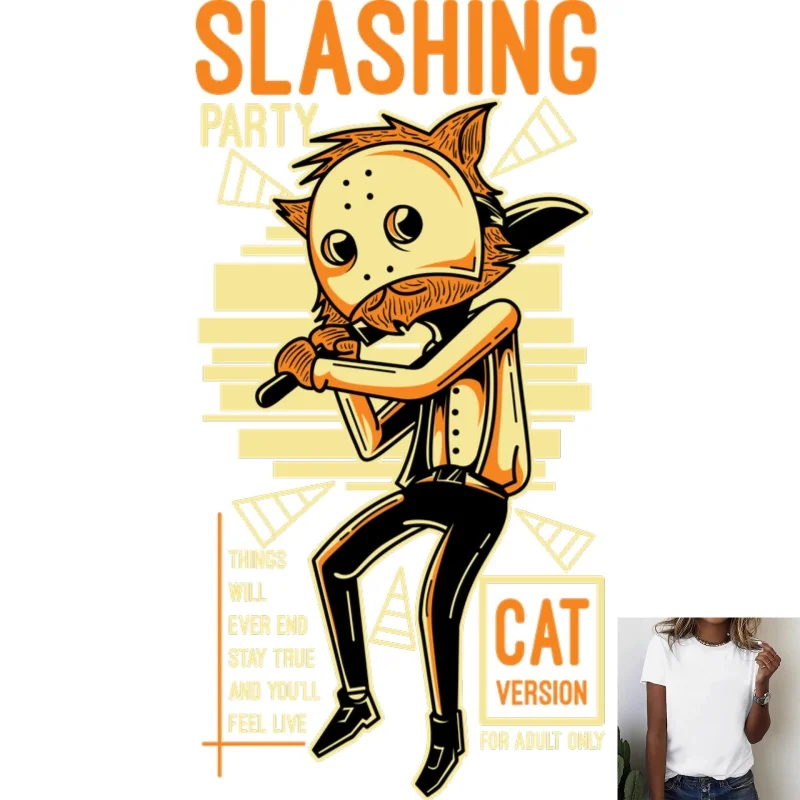 Halloween Funny Cat Killer Heat Transfer White Ink Iron - on Patch, Stylish & Playful Pattern for T - shirts, Canvas Bags,