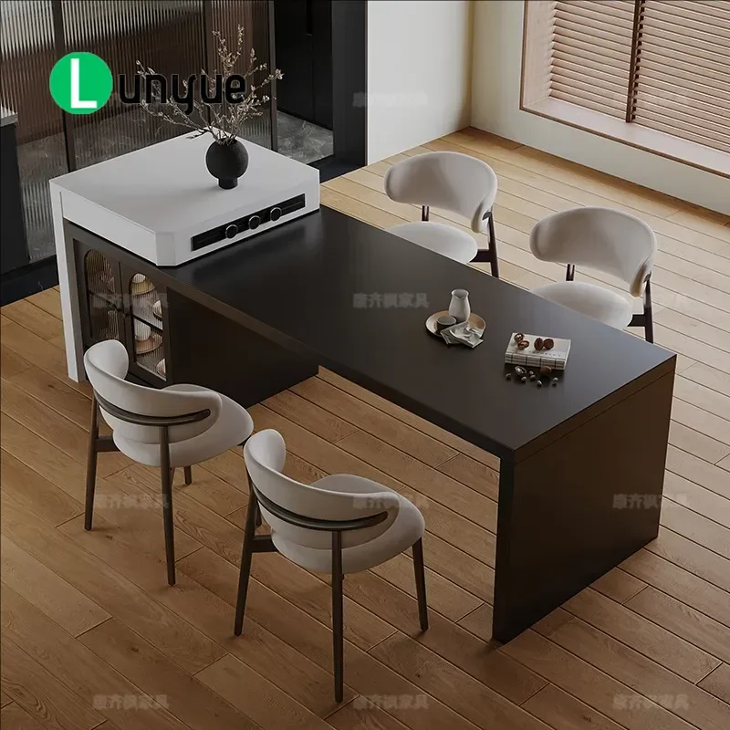 Modern Italian Black Rock Slab Island Dining Table Retractable Center Guide Bar Table with Side Cabinet Simple Household
