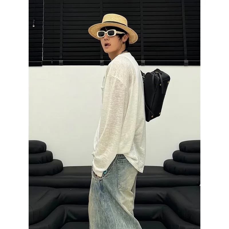 New Summer Men's Lyoce Long-sleeved T-shirt Loose Drape Trendy Youth T-shirt